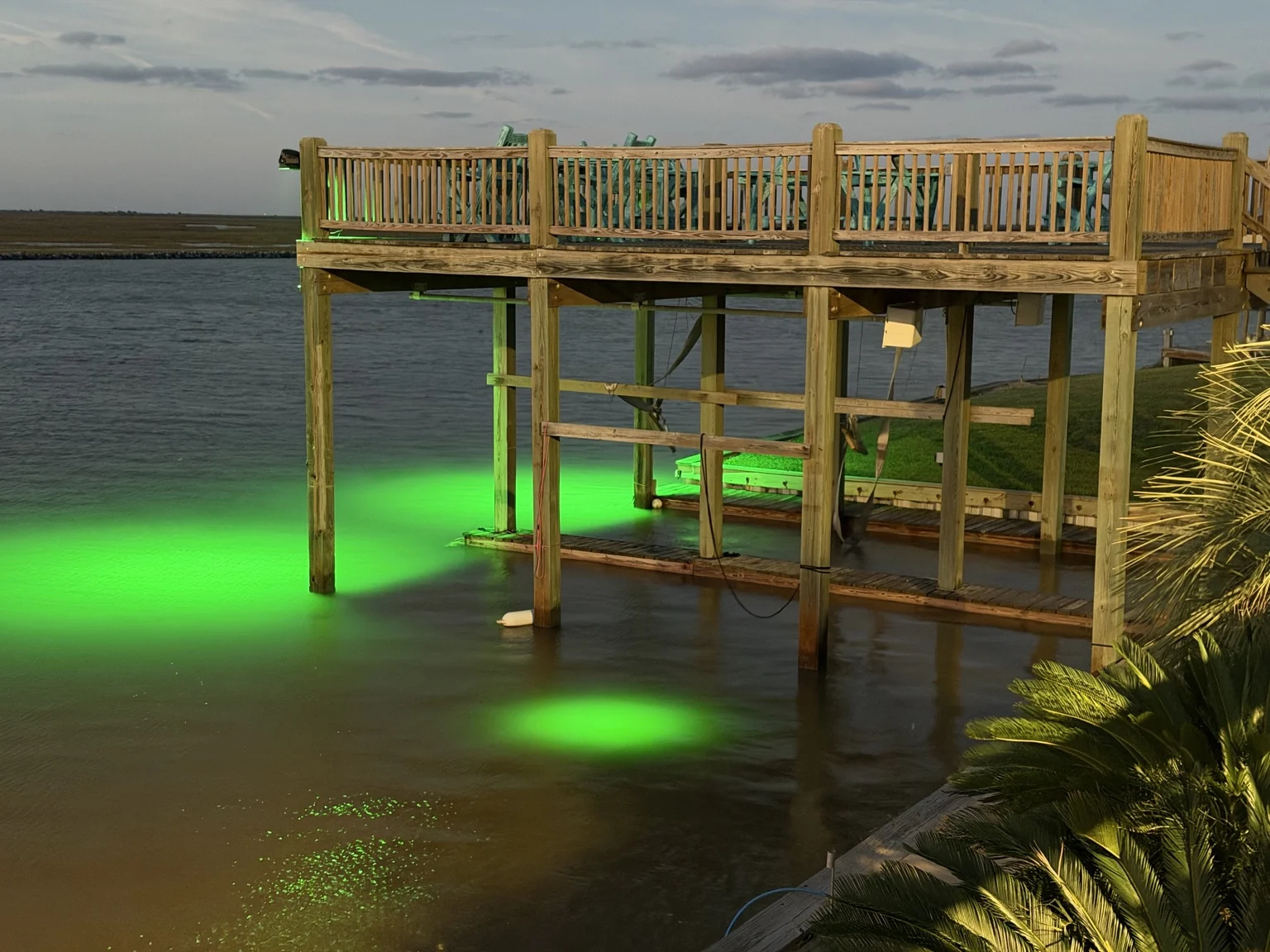 Green fishing lights beneath the observation deck at dusk